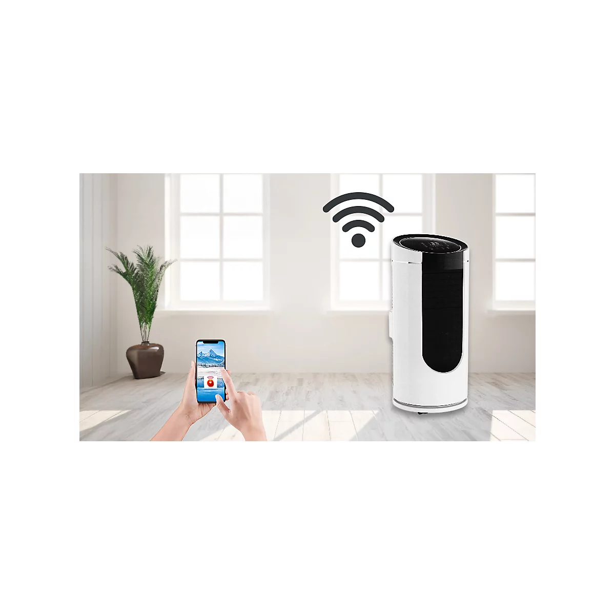 Un radiateur blanc avec commande par smartphone devant une fenêtre. Une application qui contrôle le radiateur est ouverte sur le smartphone.