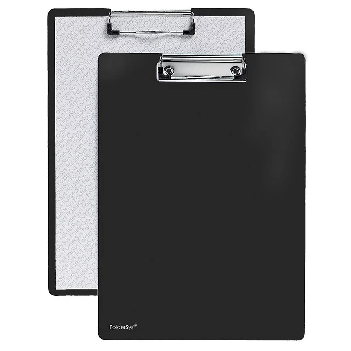 Two clipboards, one black, one white with a pattern, placed on top of each other. Metal clips hold the paper in place.