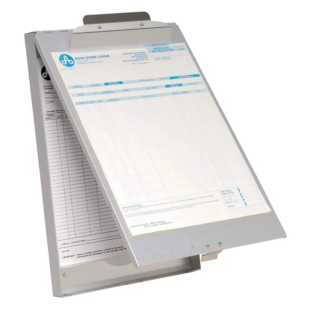 Grey clipboard with an open folder showing white paper displaying invoices.