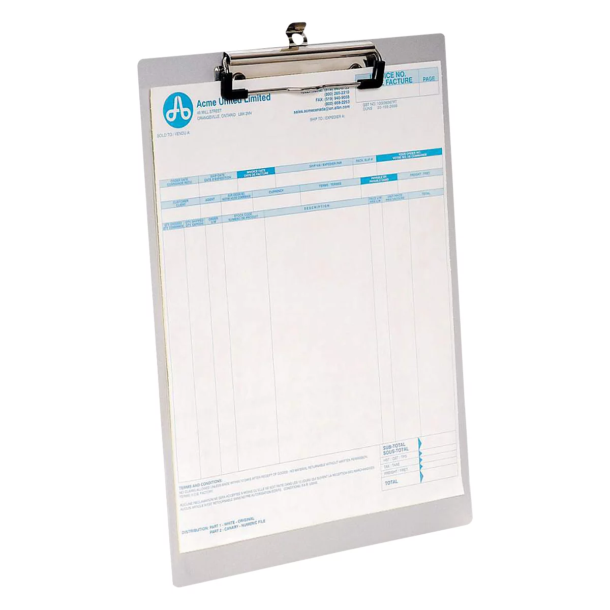 Grey clipboard with paper, logo, and lines. Silver top clip. Text is in English.