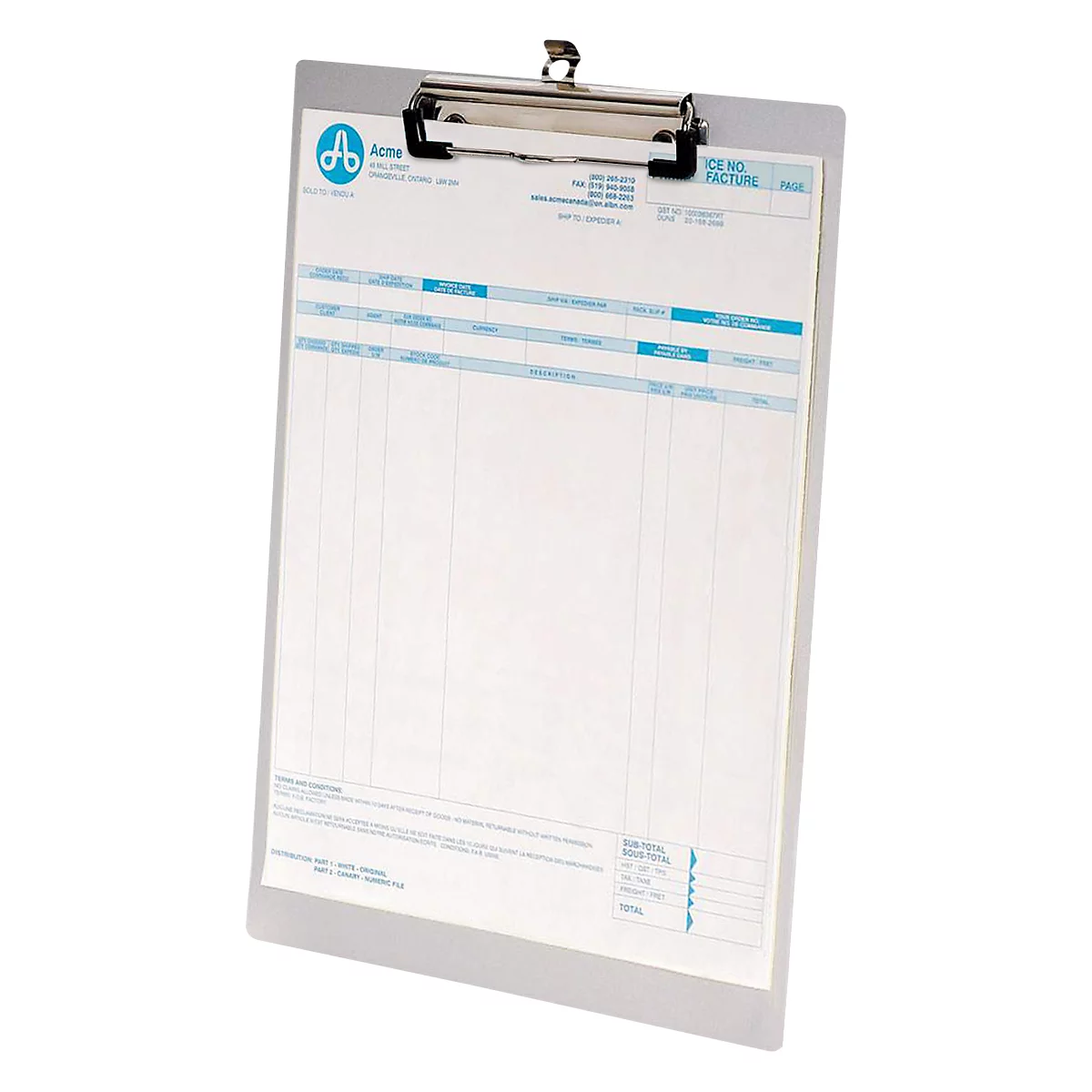 Clipboard with paper and pen clip. The Acme invoice is visible on the paper.