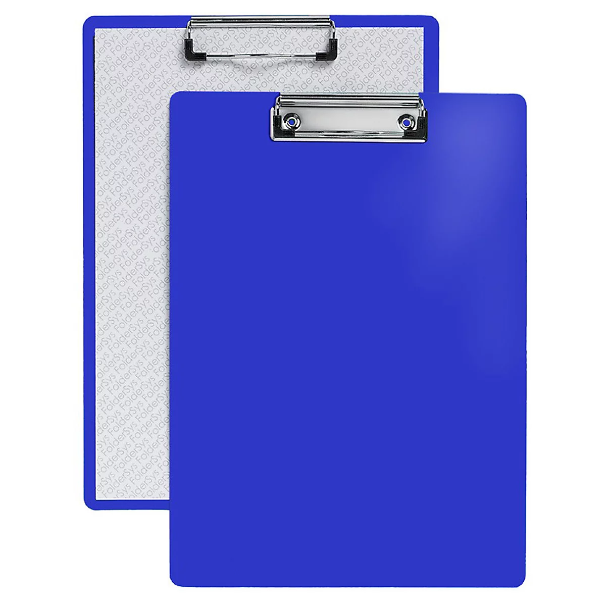 Two blue clipboards, one in front of the other, with metal clips.