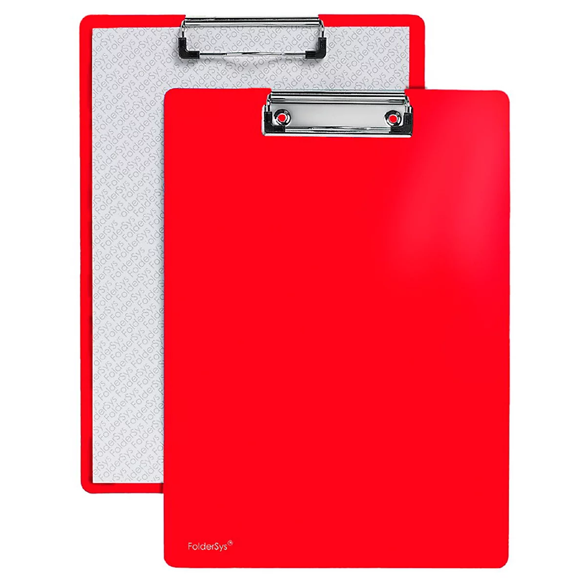 Two red clipboards against a white background. One overlaps the other, both with metal clips.