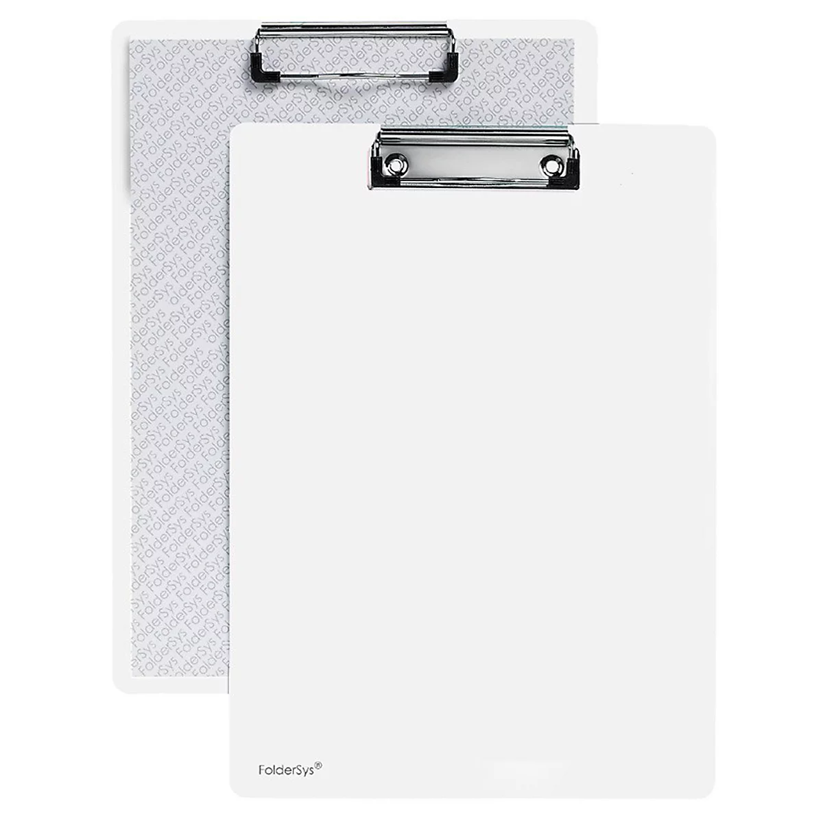 Two white clipboards with metal clips. One is printed with a pattern, the other is blank.