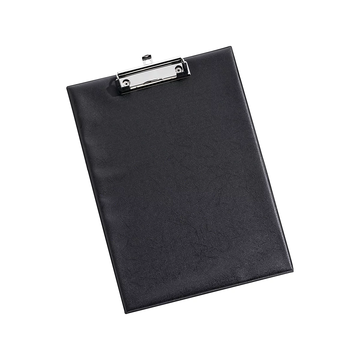 Black clipboard with silver clip. The leather is slightly textured.