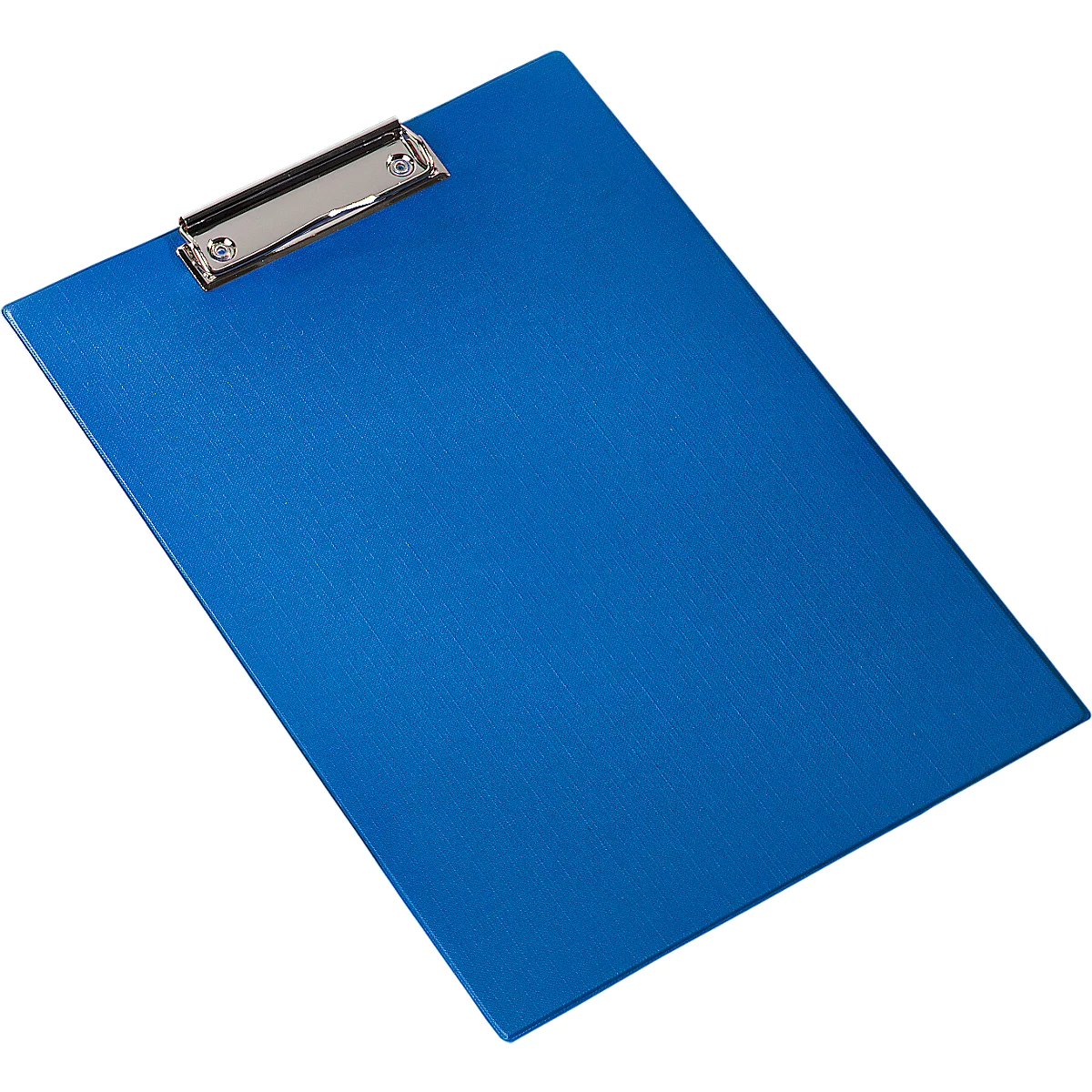 Blue clipboard, silver clip, diagonal perspective, white background.