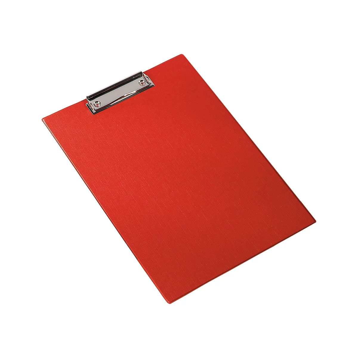 Red clipboard with silver clip, photographed slightly from above.