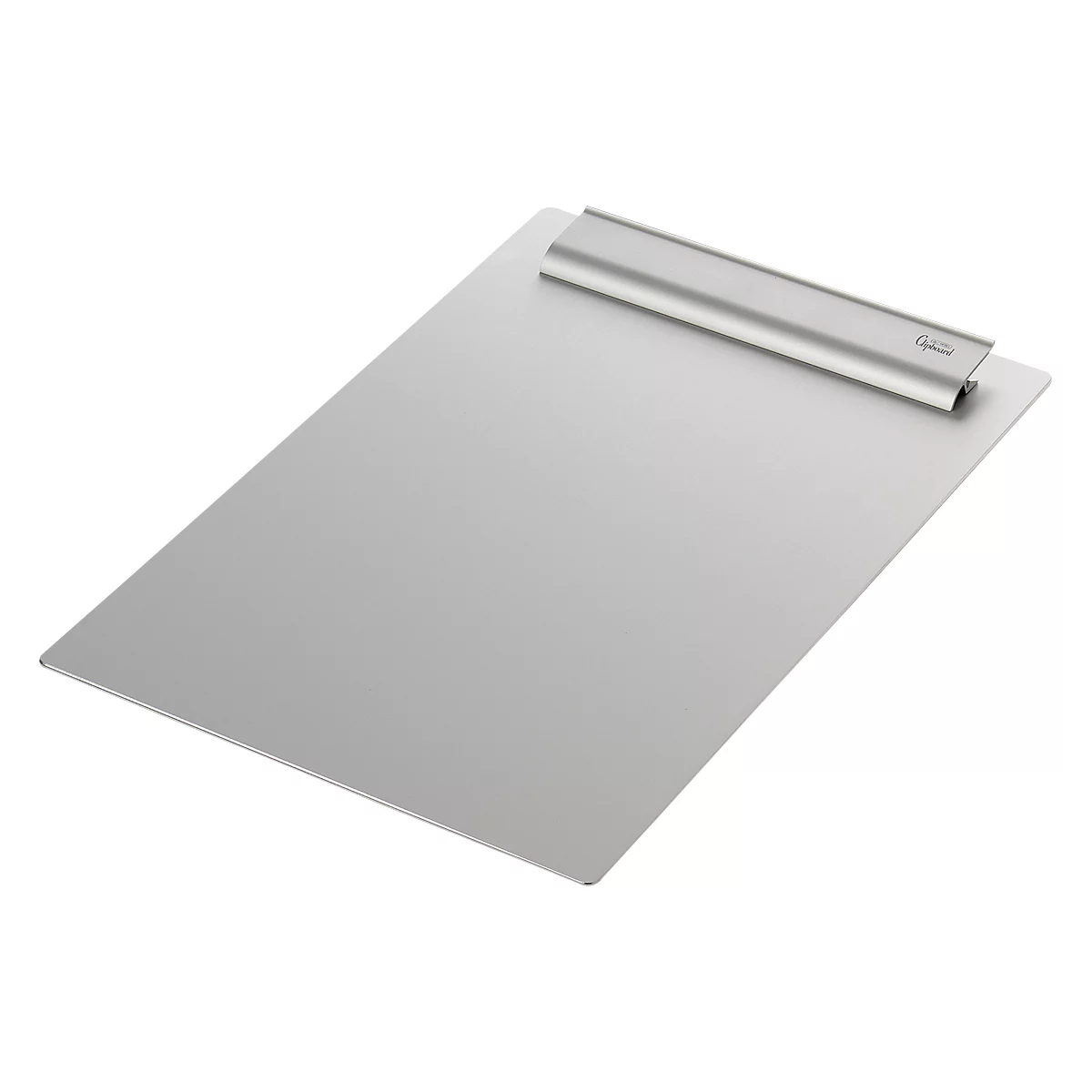 Gray clipboard with silver clip and smooth surface, photographed diagonally from above.