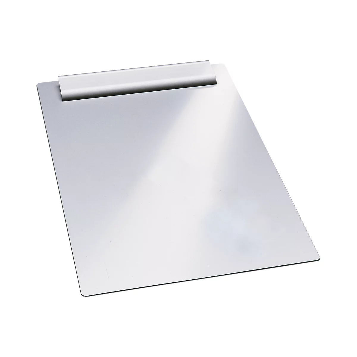 A silver clipboard on a white background. At the top is a silver clip.