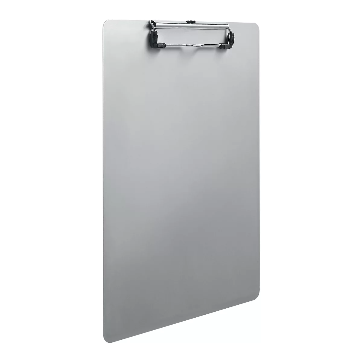 Gray clipboard. Metal clip at the top, rectangular plate.