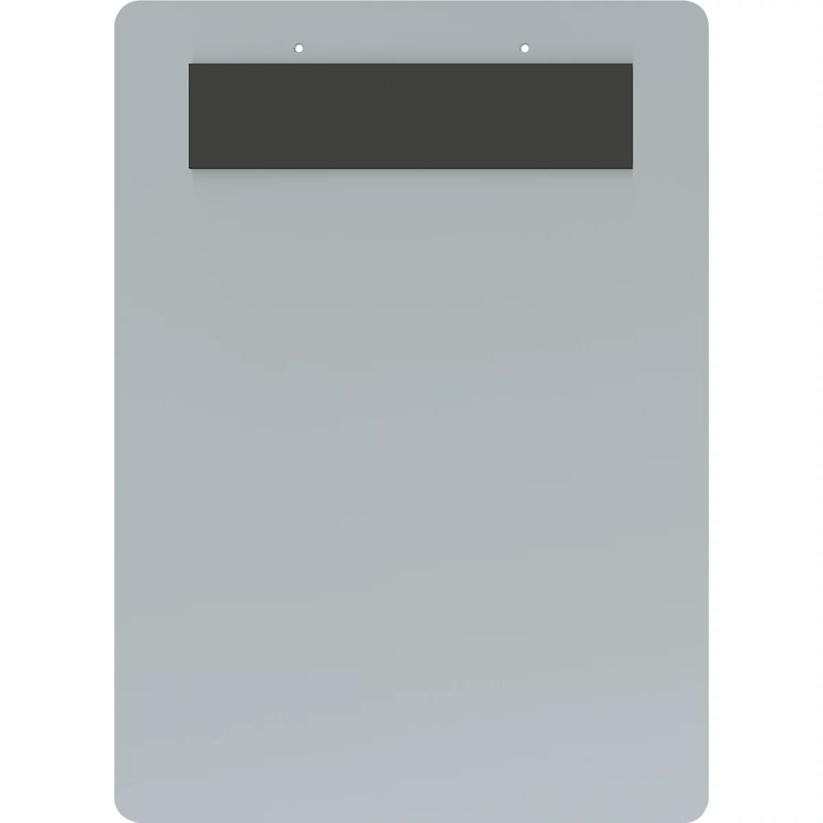 Gray clipboard with dark strip on top. Two small holes above.