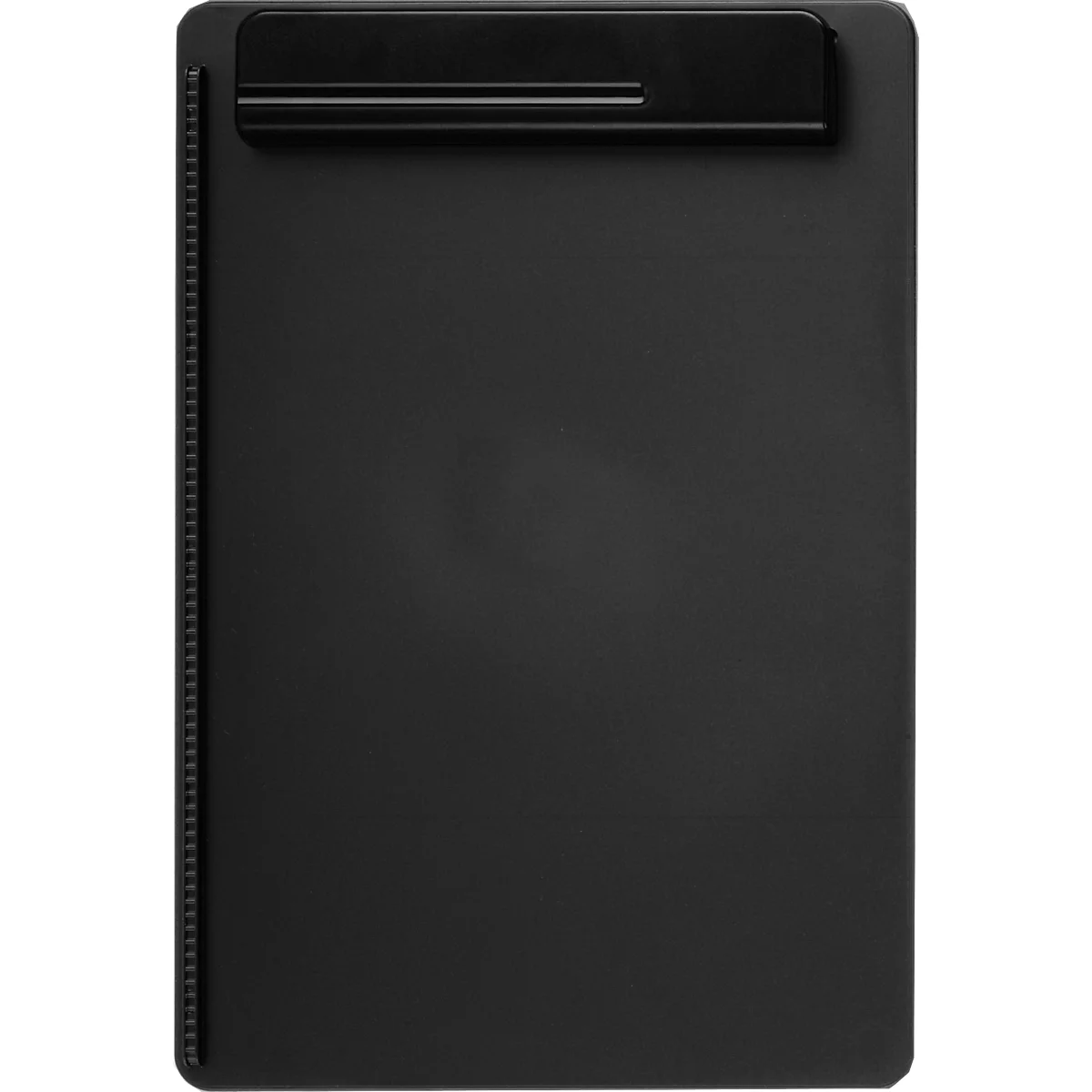 Black clipboard with metal clip for attaching paper. On the left side, an edge with small grooves.
