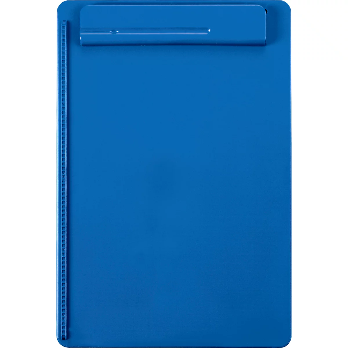Blue clipboard with metal clip. On the left, a vertical row of holes for filing papers.