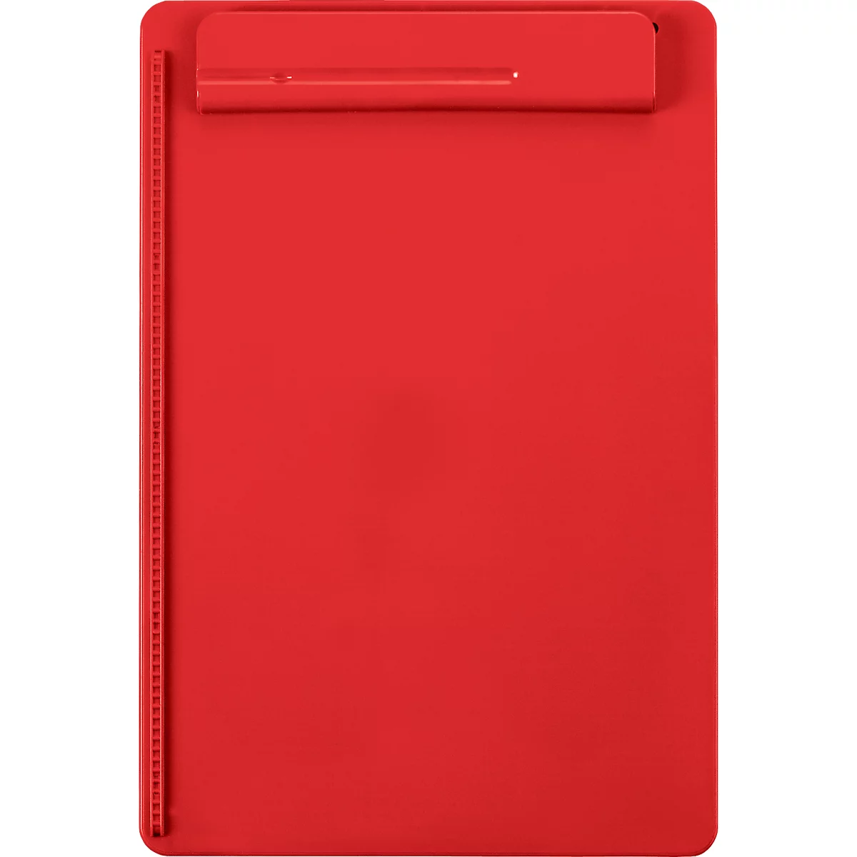 Red clipboard, detail shot with clip and paper holder.