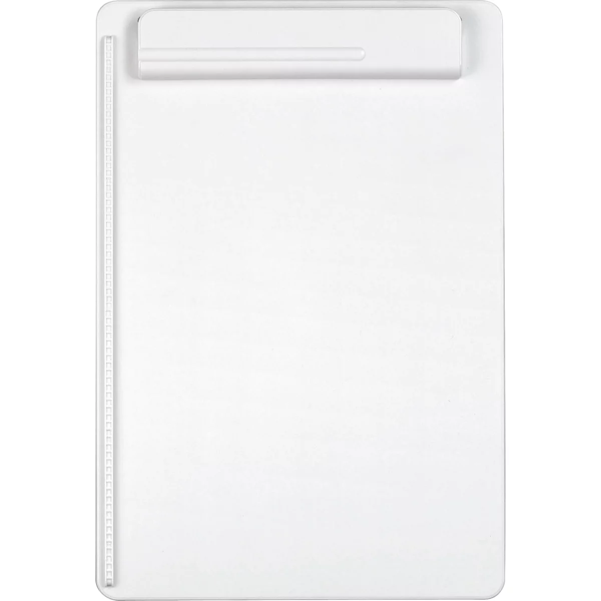 White clipboard with a holder at the top and a scale on the side.