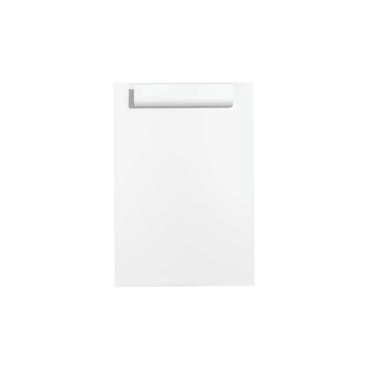 White, rectangular kitchen front with a horizontal, silver handle.