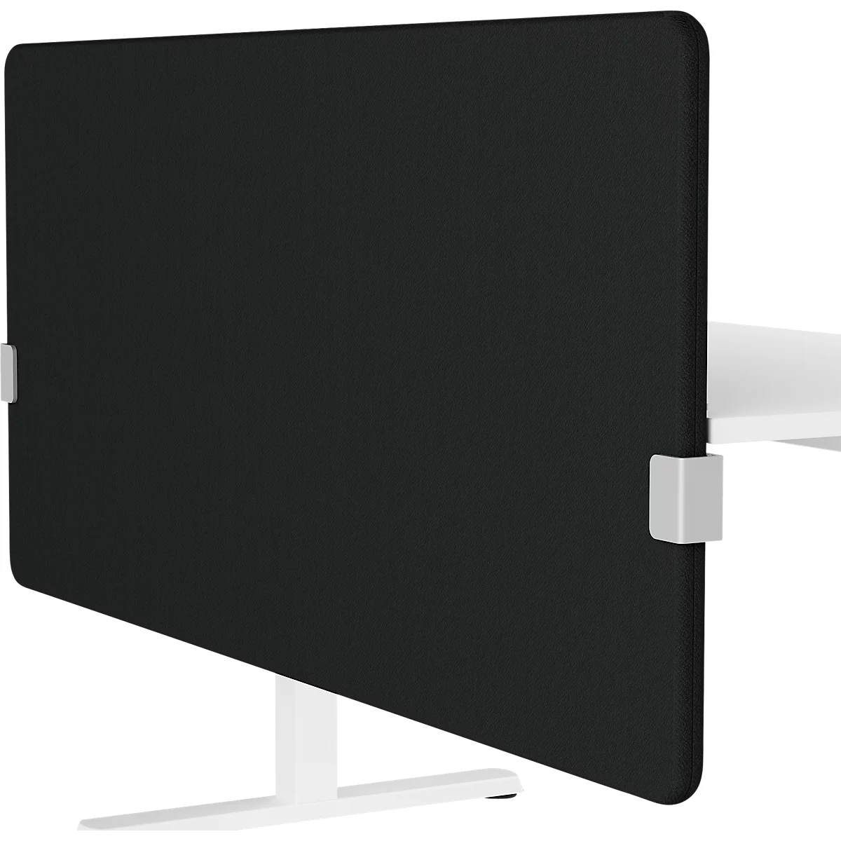 Écran d'intimité de bureau noir, fixé à un plateau de table blanc.