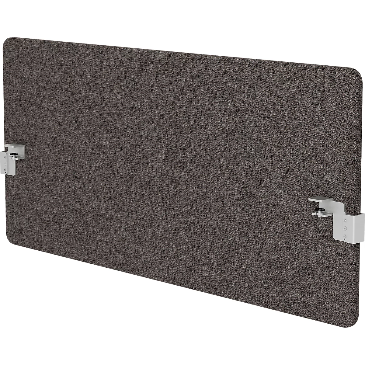 Cloison de bureau rectangulaire marron foncé avec deux supports argentés.