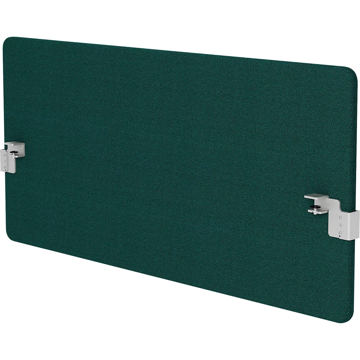 Cloison de bureau rectangulaire vert foncé avec des coins arrondis, fixée par deux supports argentés.