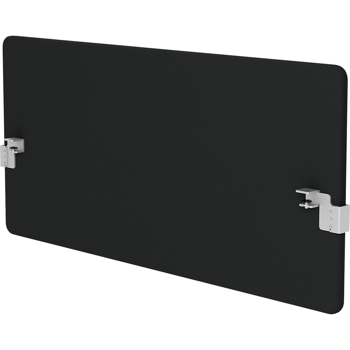 Rectangle noir aux coins arrondis, deux supports argentés.