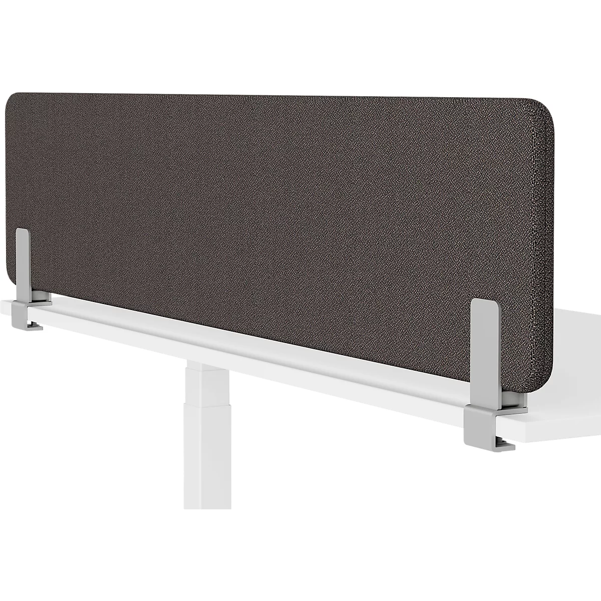 Écran insonorisé rectangulaire marron, fixé à un bureau blanc par des pinces métalliques.
