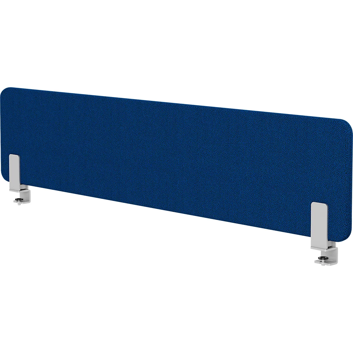 Cloison de bureau bleue avec supports blancs.