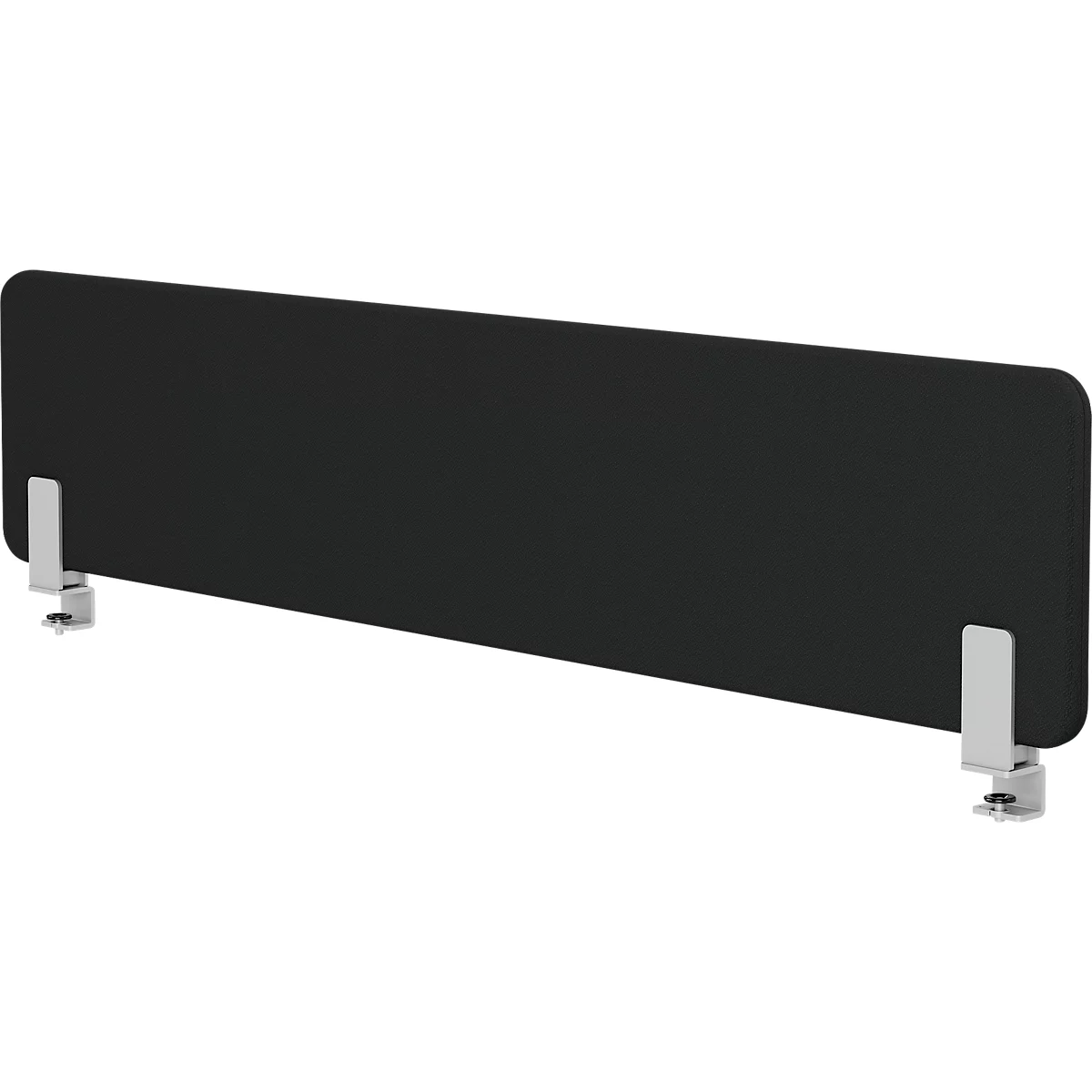 Cloison de bureau noire avec coins arrondis. Fixée avec des pinces métalliques.