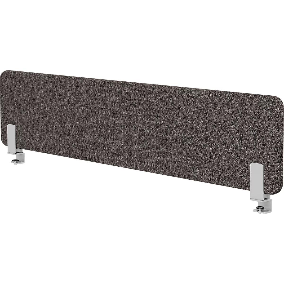 Séparateur de bureau gris avec pinces blanches. Forme rectangulaire aux coins arrondis. Fixation par serre-joints.