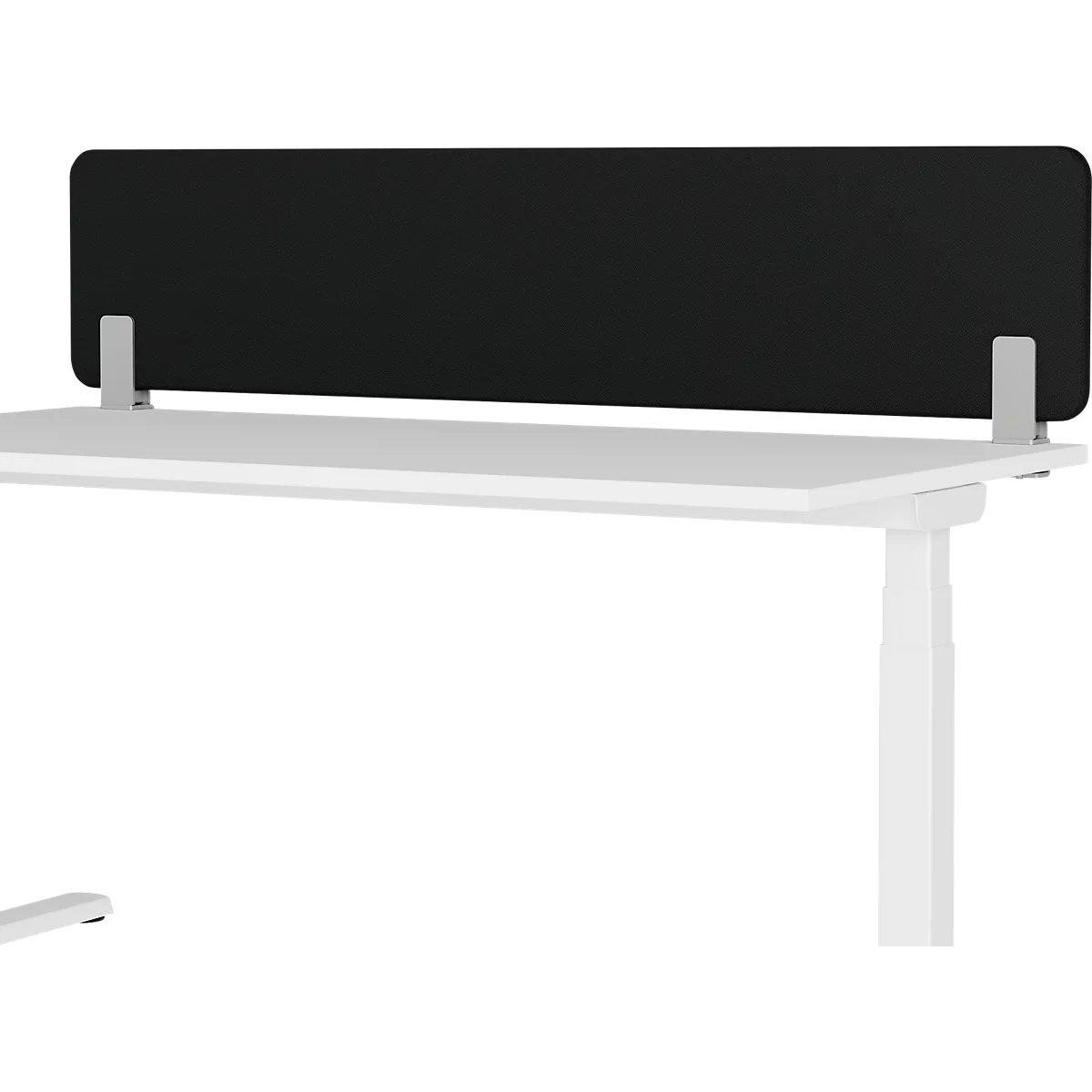 Bureau blanc avec écran de confidentialité noir.