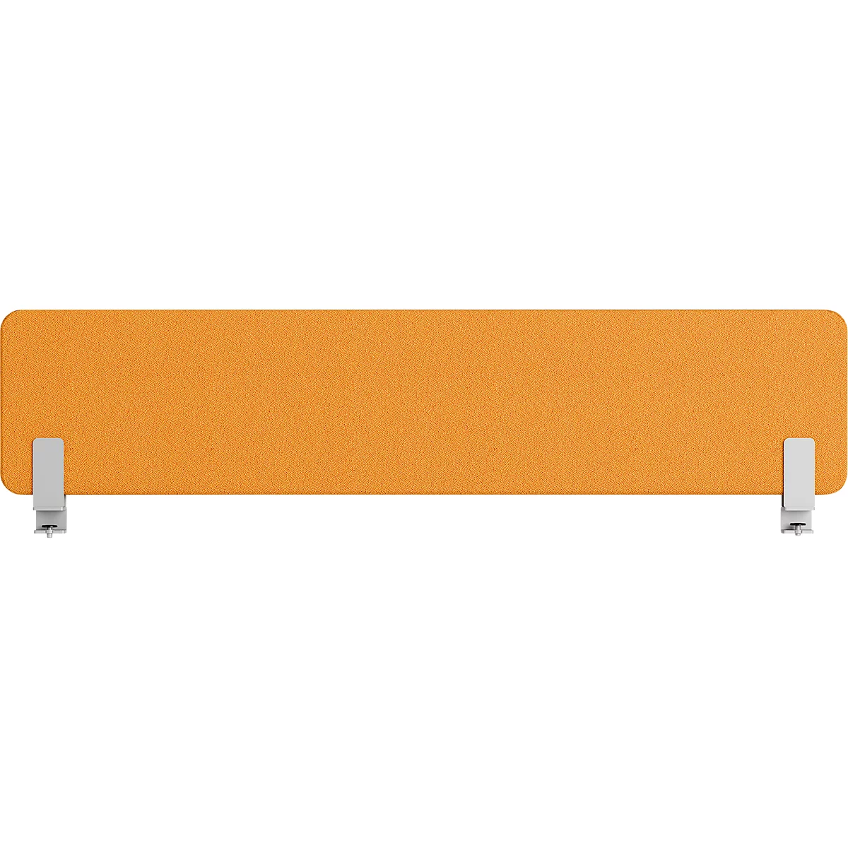 Cloison de bureau rectangulaire orange, fixée à deux pinces argentées.