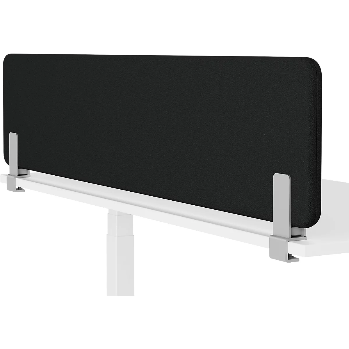 Panneau de bureau noir avec supports fixés sur un plateau de table blanc.
