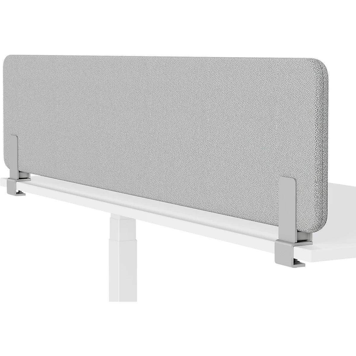 Cloison de bureau grise avec des supports gris. La cloison est fixée au plateau du bureau.