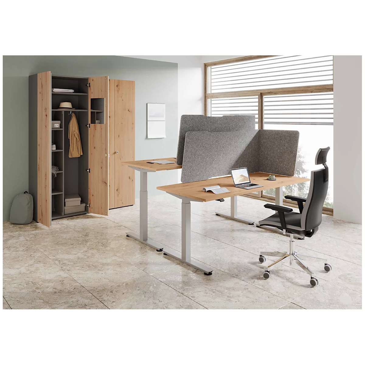 Cloison acoustique, pour bureaux, forme L, classe d'absorption acoustique C, passage de câbles, choix de tailles, intissé, gris chiné
