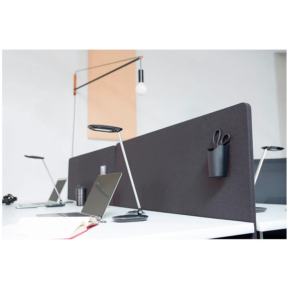 Cloison de bureau Luxor, pour épaisseur de plateau jusqu'à 40 mm, fixation par agrafes, L 1600 x P 20 x H 600 mm, env. 9 kg, matériaux recyclés, gris ardoise