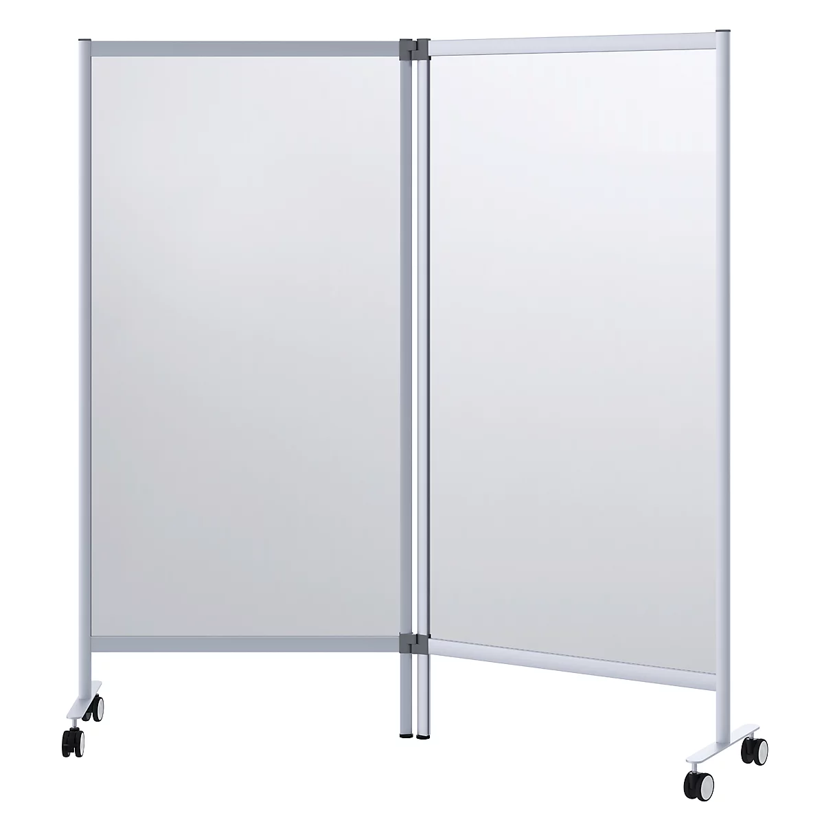 Cloison de séparation mobile contre les projections buccales - double séparateur modèle A, verre acrylique, épaisseur 3 mm, L 1715 x P 390 x H 1800 mm, avec roulettes