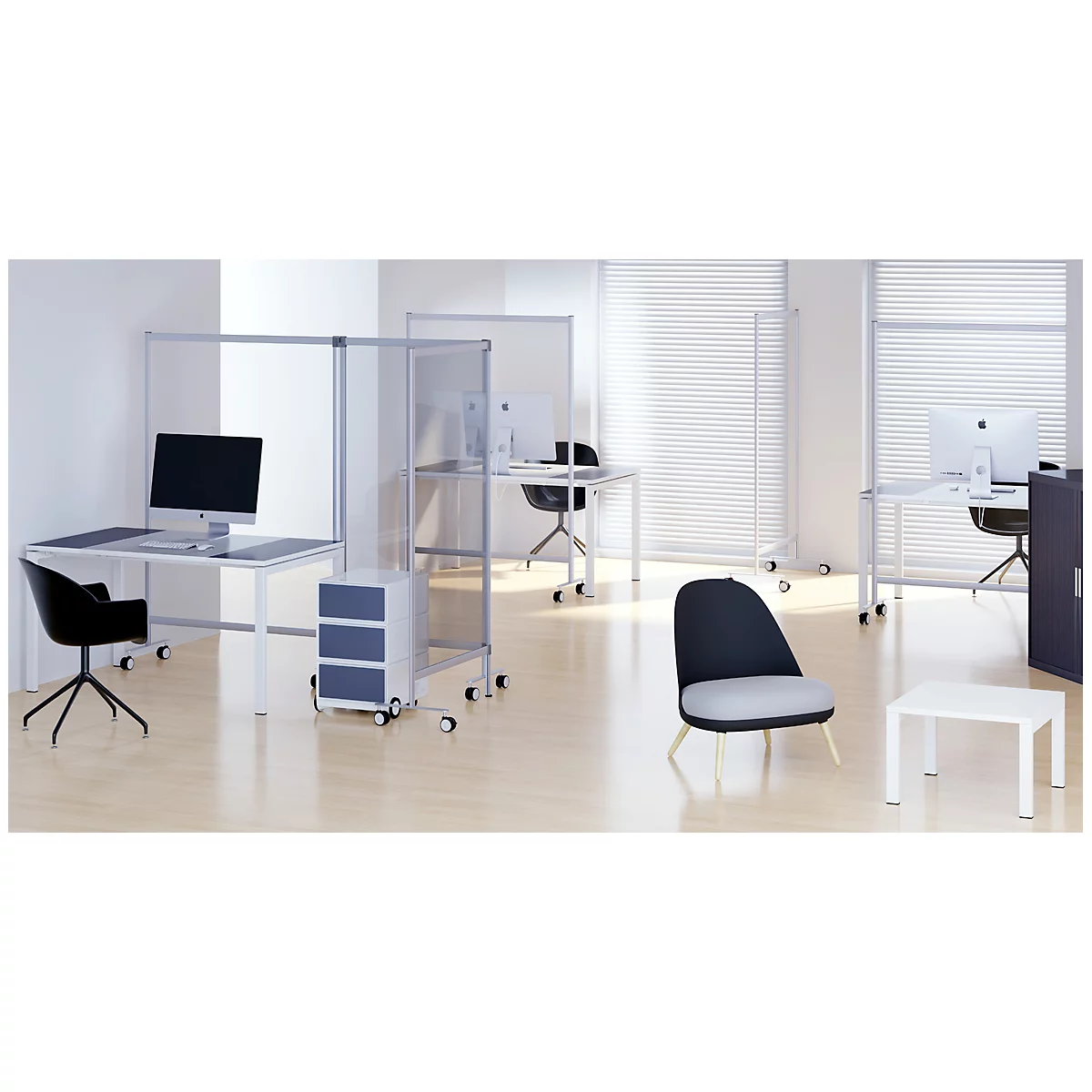 Cloison de séparation mobile contre les projections buccales - double séparateur modèle A, verre acrylique, épaisseur 3 mm, L 1715 x P 390 x H 1800 mm, avec roulettes