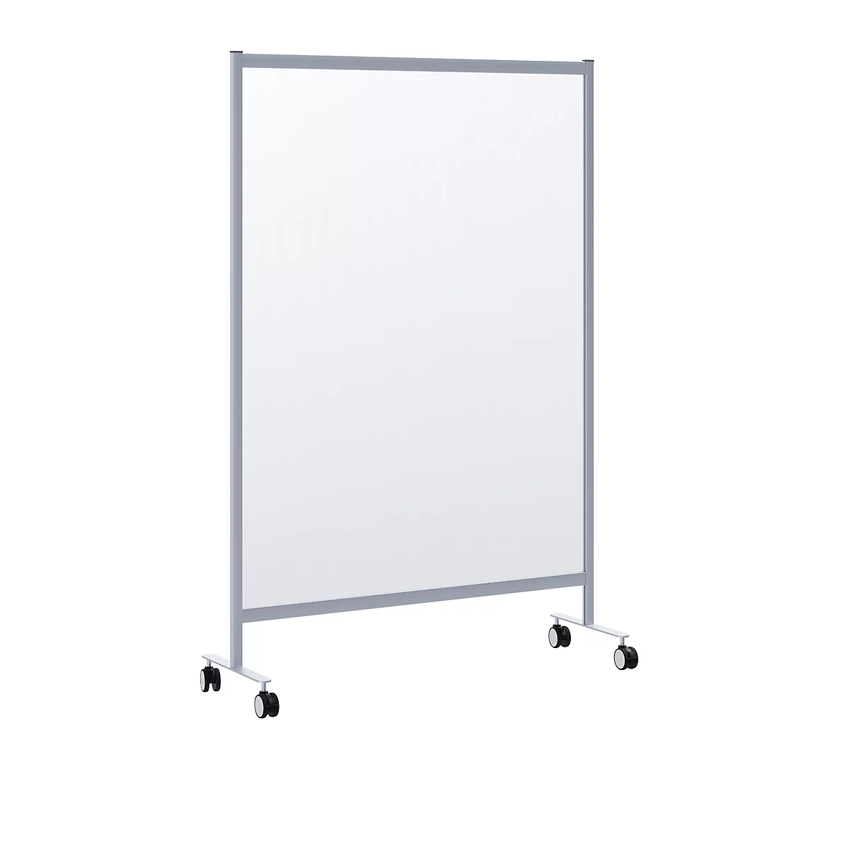 Cloison de séparation mobile contre les projections buccales - modèle B, verre acrylique, épaisseur 3 mm, L 1200 x P 390 x H 1800 mm, avec roulettes.