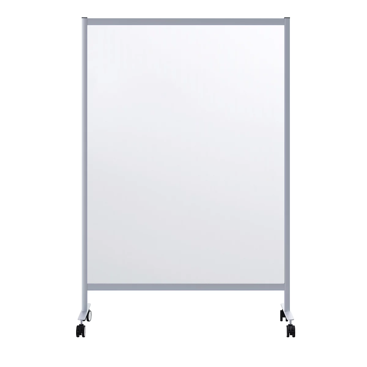 Cloison de séparation mobile contre les projections buccales - modèle B, verre acrylique, épaisseur 3 mm, L 1200 x P 390 x H 1800 mm, avec roulettes.