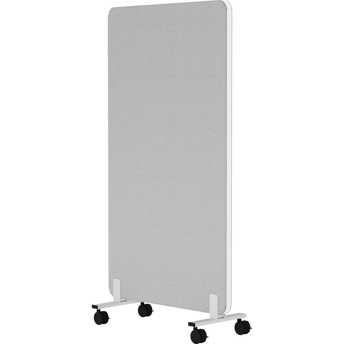 Cloison mobile grise avec cadre blanc et roulettes.