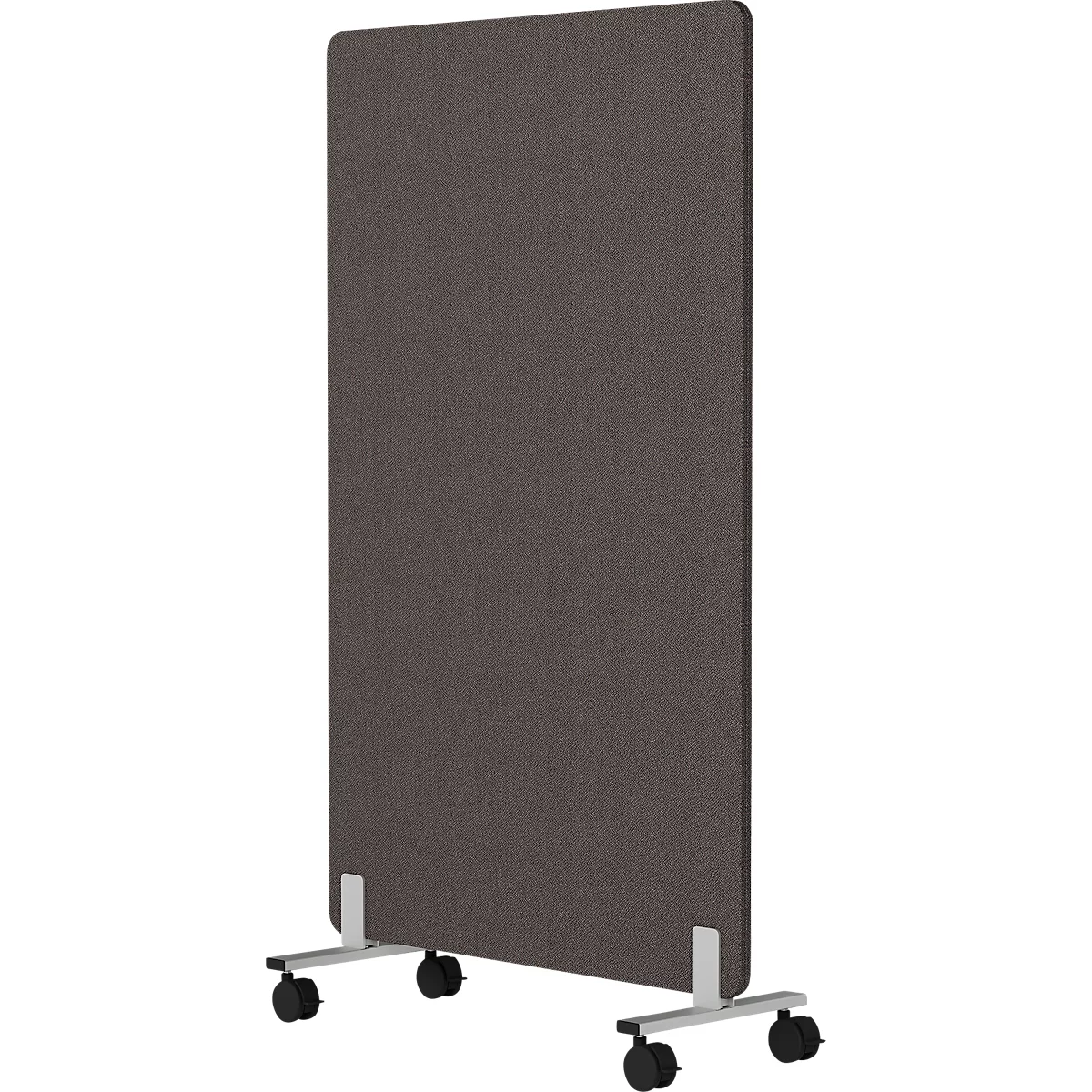 Cloison mobile rectangulaire marron foncé sur roulettes devant un cadre blanc.