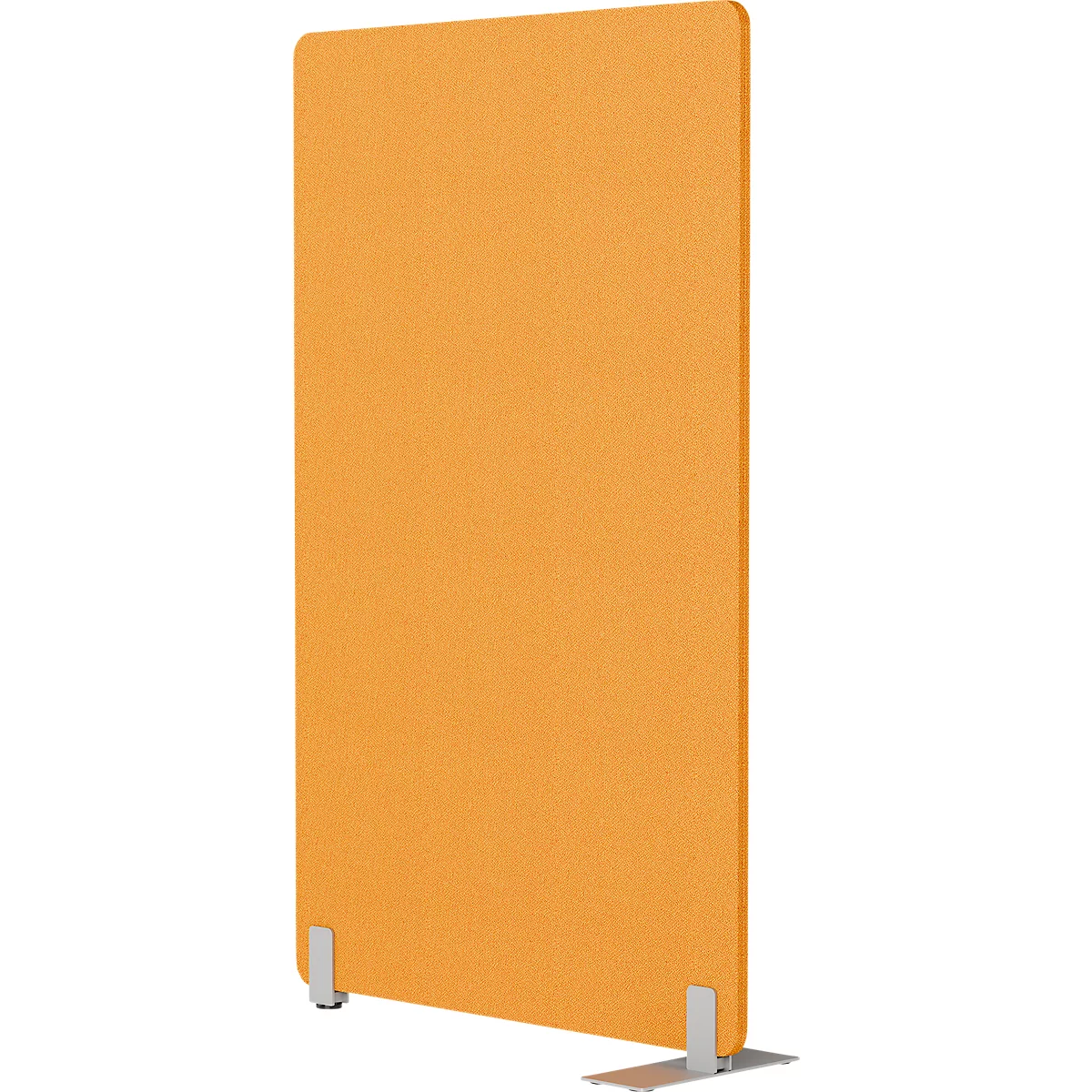 Une cloison rectangulaire orange avec des pieds argentés posés au sol.
