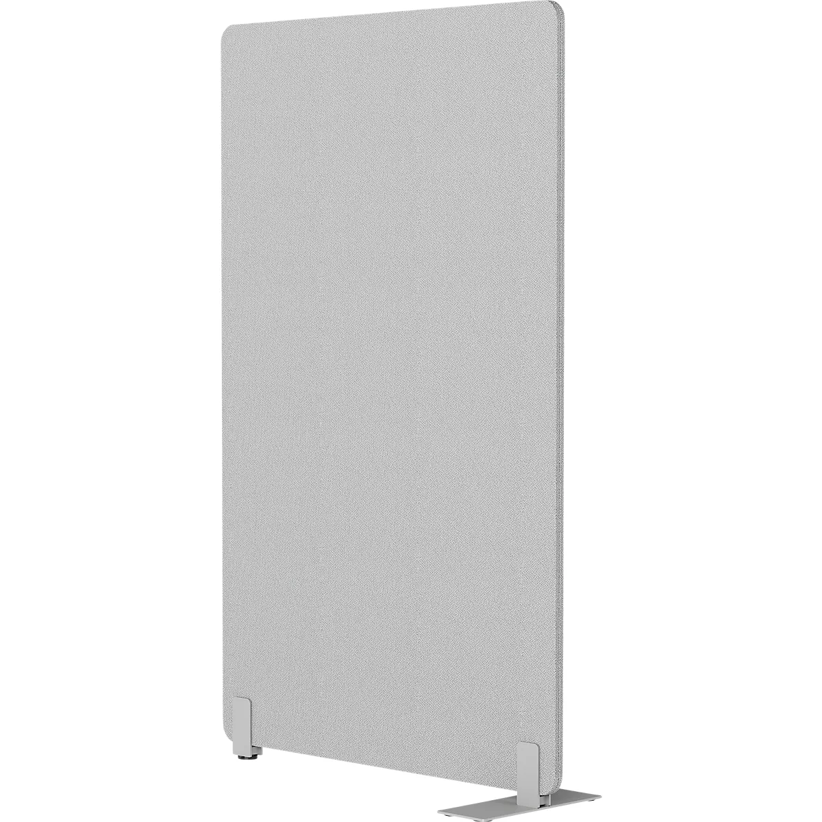 Système de cloison de bureau gris de forme rectangulaire. Les pieds sont blancs et posés au sol.