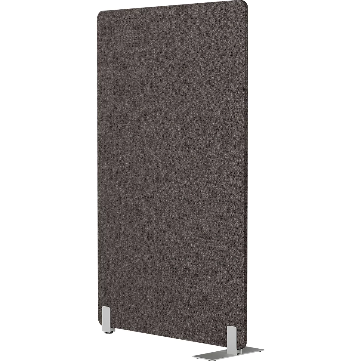Panneau acoustique rectangulaire gris avec des coins arrondis. Il repose sur deux pieds argentés.