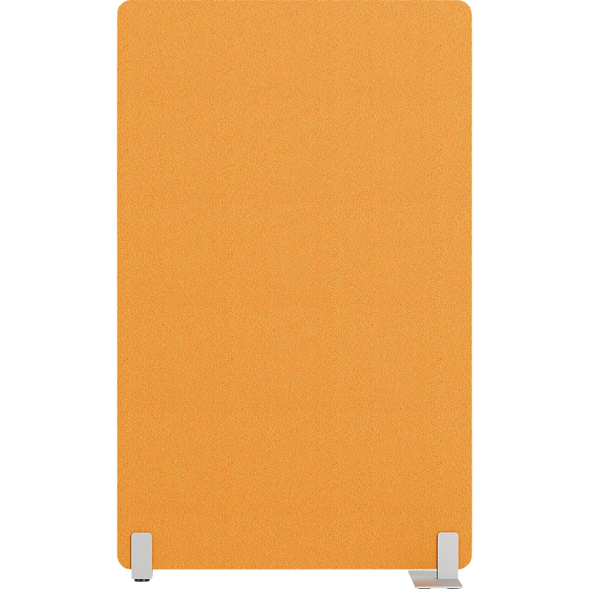 Cloison rectangulaire orange avec deux pieds argentés.