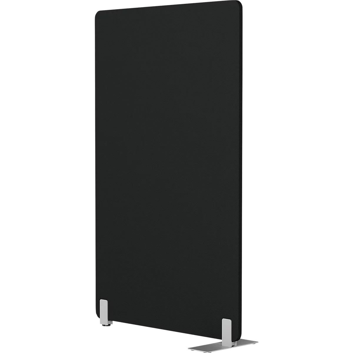 Séparateur rectangulaire noir avec pieds argentés.