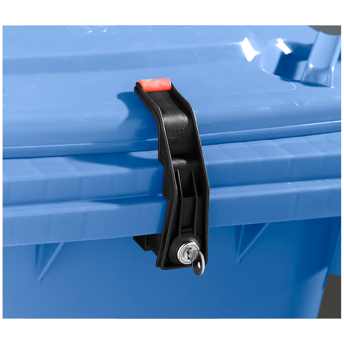 Close-up of a blue trash can with a black handle and padlock.