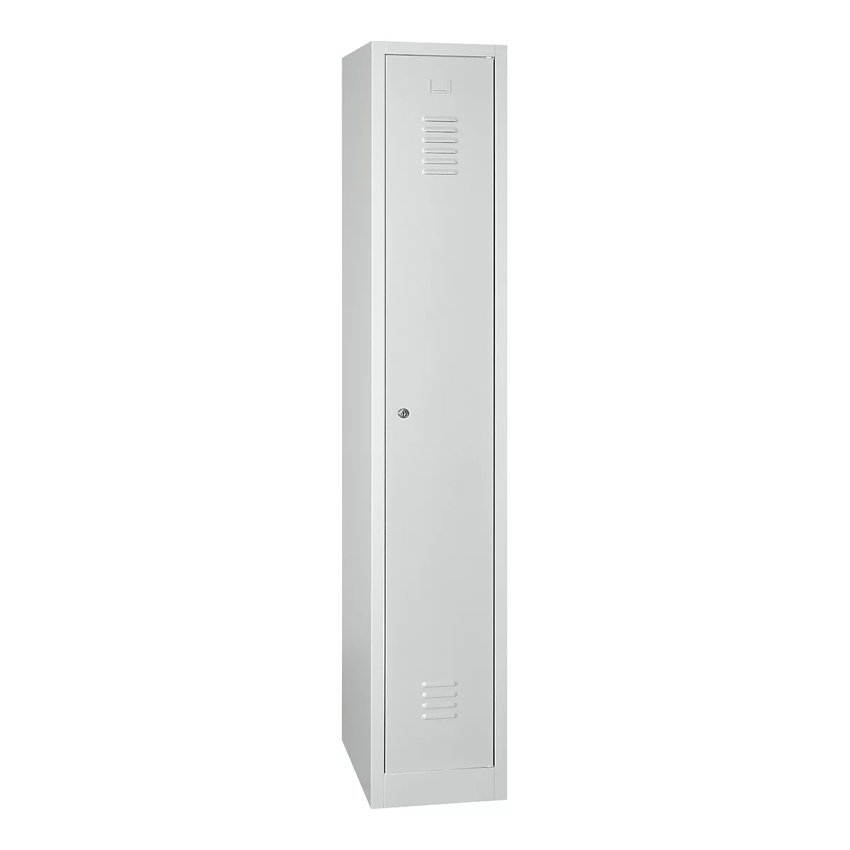 A single, gray steel locker with ventilation slots and a door handle.