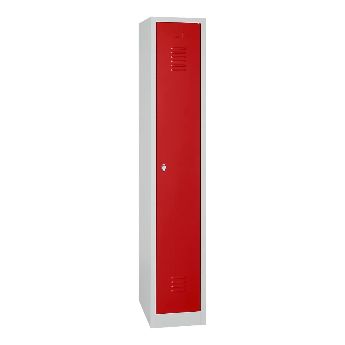 Red locker, white framed, with ventilation slots and keyhole.