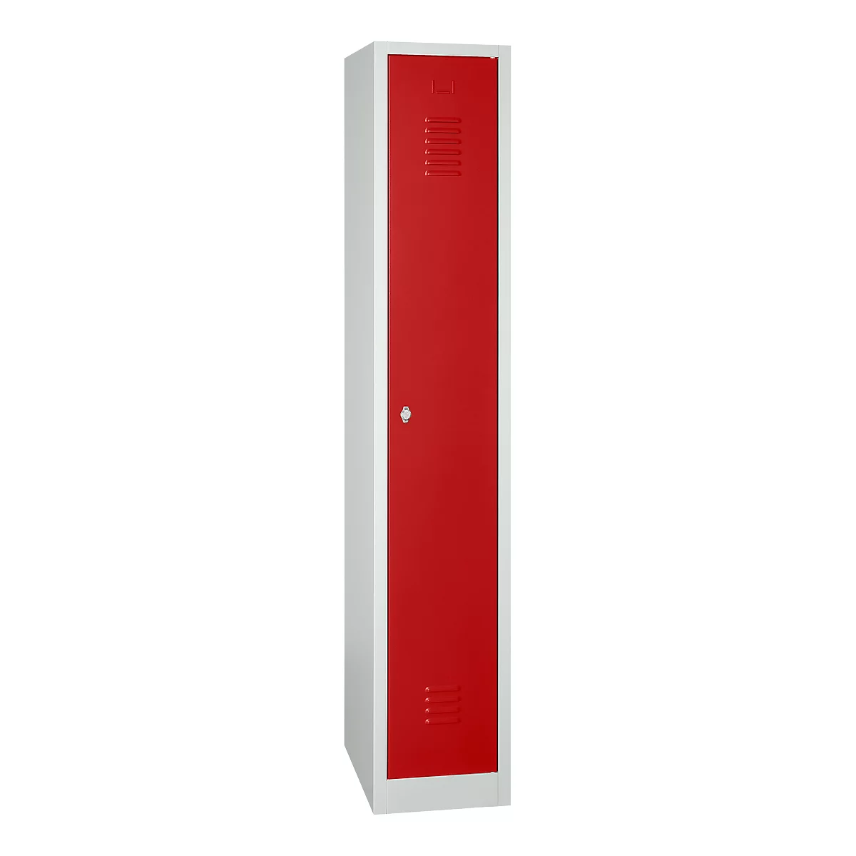 Red locker with white frame, closed. There are ventilation slots at the top and bottom.