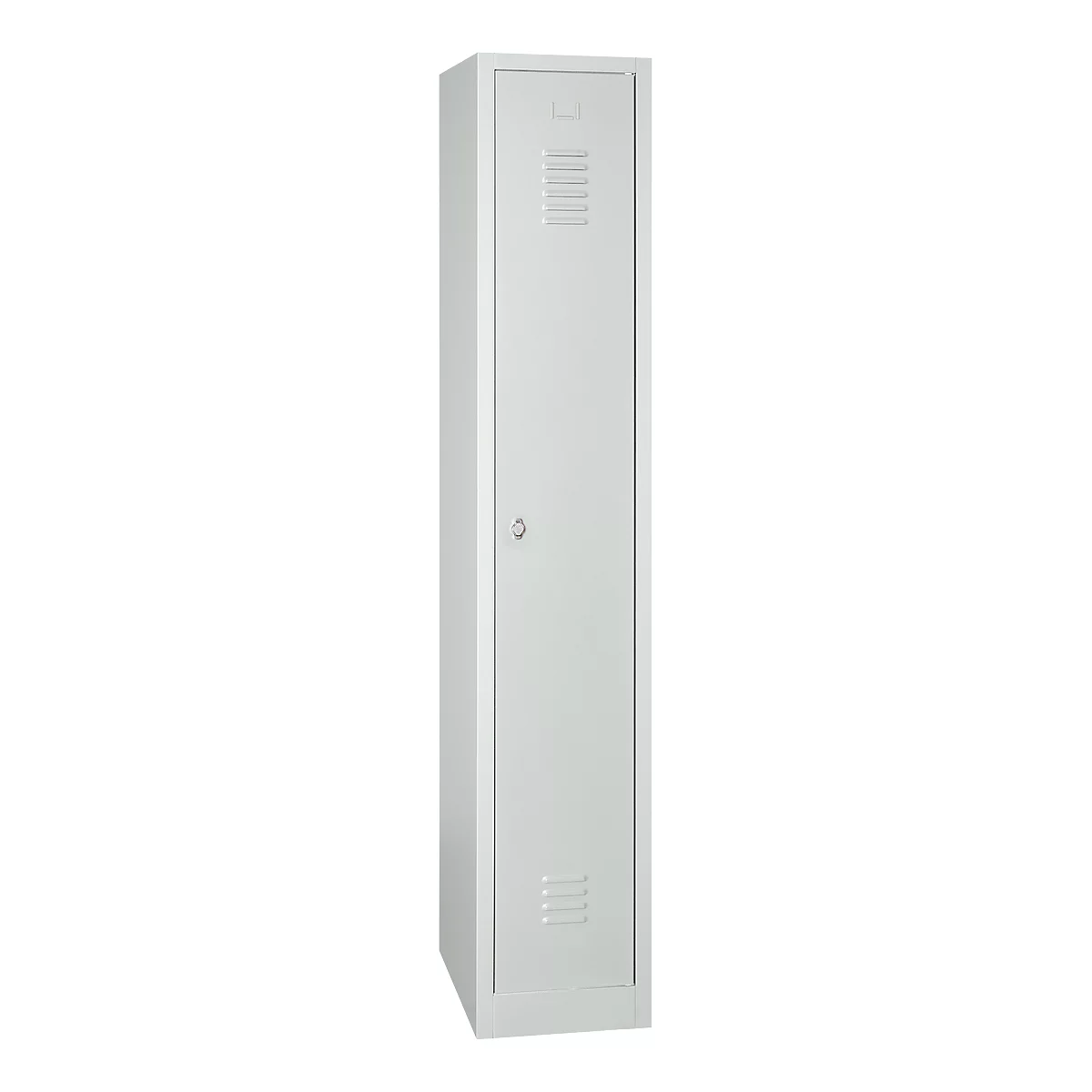 Grey locker with a lock and ventilation slots.